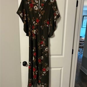 Simple Olive Green Maxi Dress with Red & White Floral Print